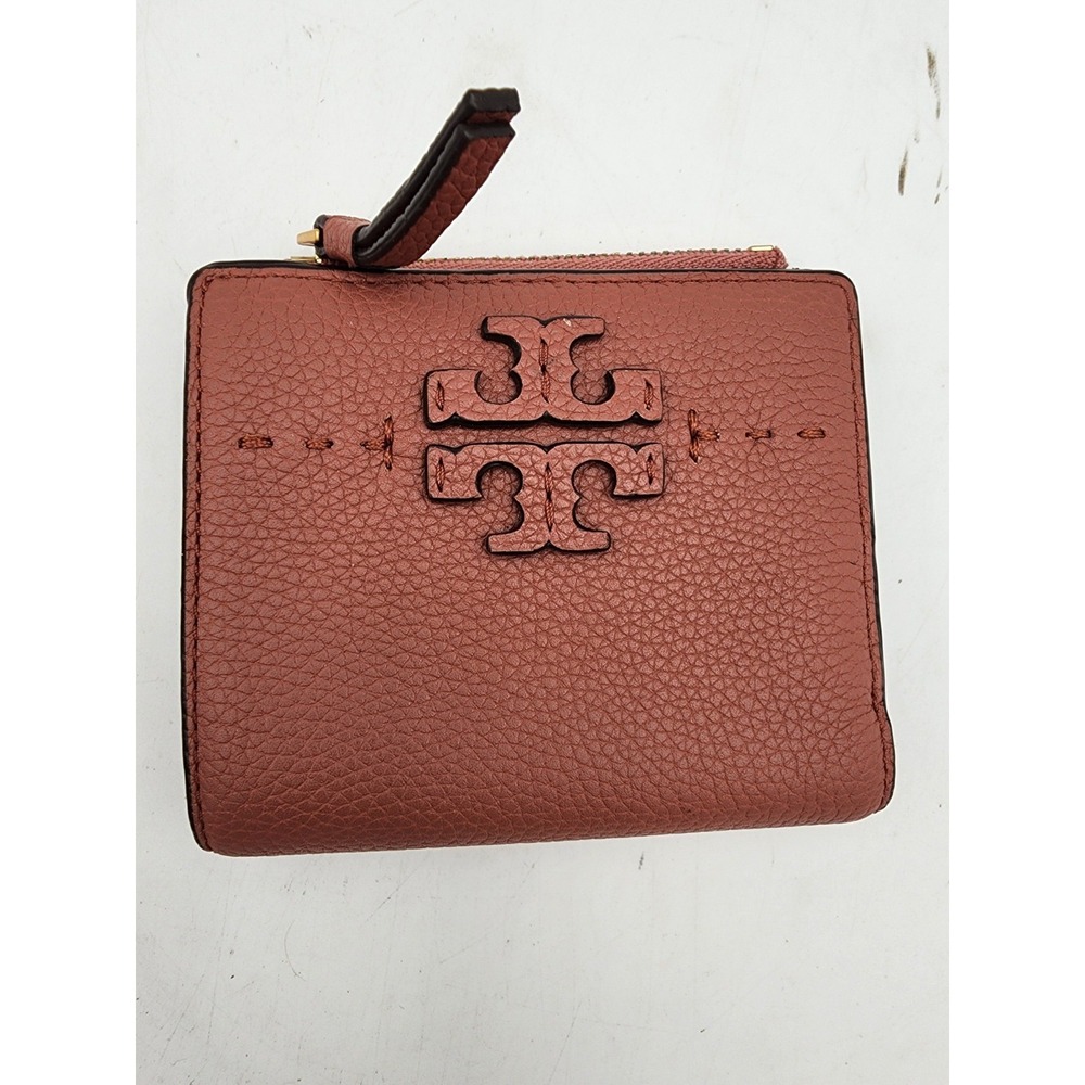 Tory Burch McGraw Mini Bifold Pebbled Leather Wallet Rosewood - Picture 13 of 14